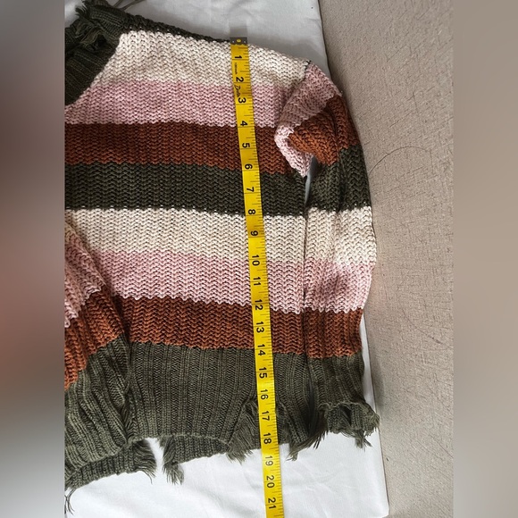 Wonderly Distressed Striped V-Neck Sweater - Olive, Pink, Brown - Picture 7 of 7